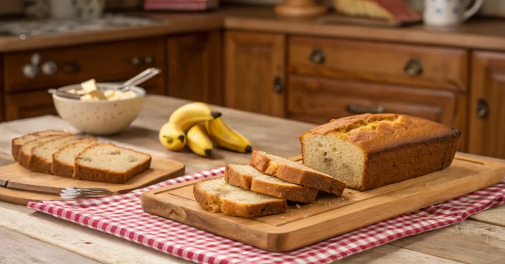 Sliced banana bread on a wooden board with ripe bananas and a bowl of butter on a red gingham cloth in a rustic kitchen.