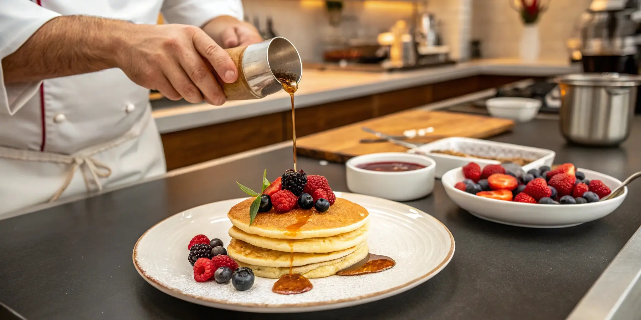 A stack of golden pancakes topped with fresh berries and whipped cream, set against a serene mountain landscape.