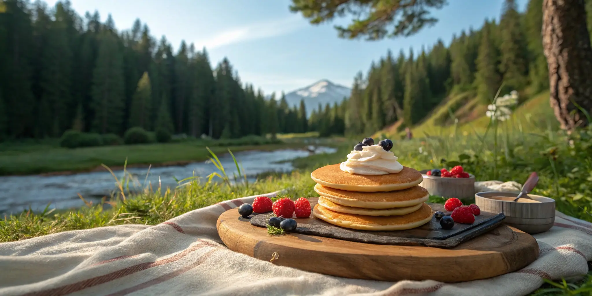 Stack of golden pancakes with whipped cream and fresh berries by a scenic river and forest backdrop in the mountains