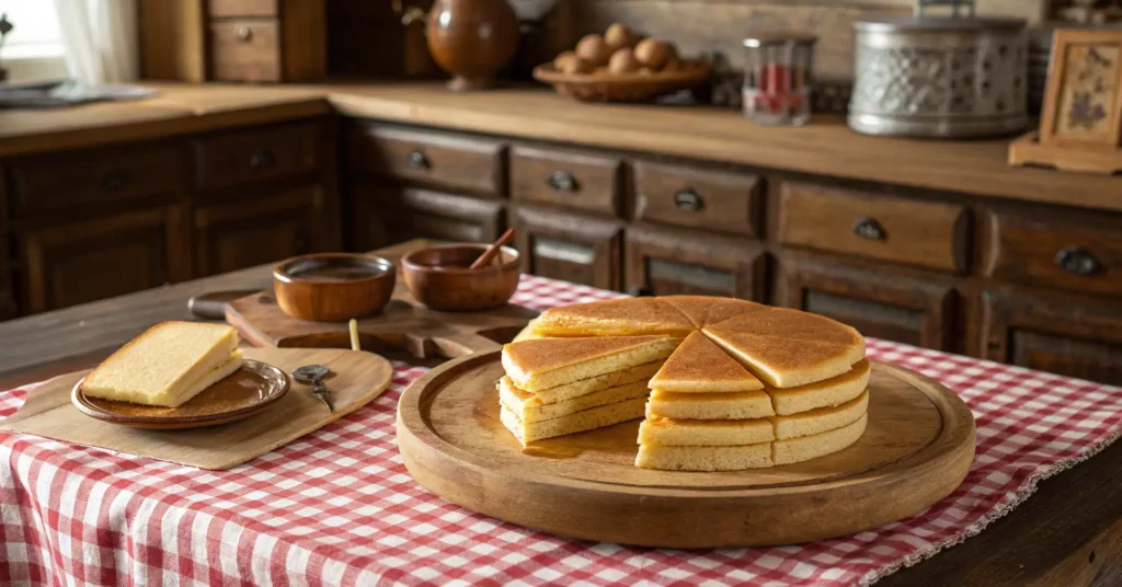 Golden pancake slices on a wooden platter with a side of honey and butter, placed on a red gingham cloth in a rustic kitchen setting.