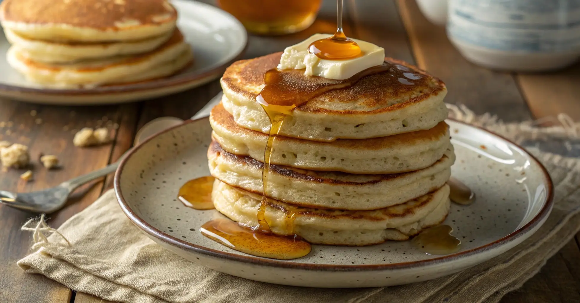 Stack of fluffy pancakes with butter and maple syrup on a ceramic plate, perfect for a cozy breakfast.