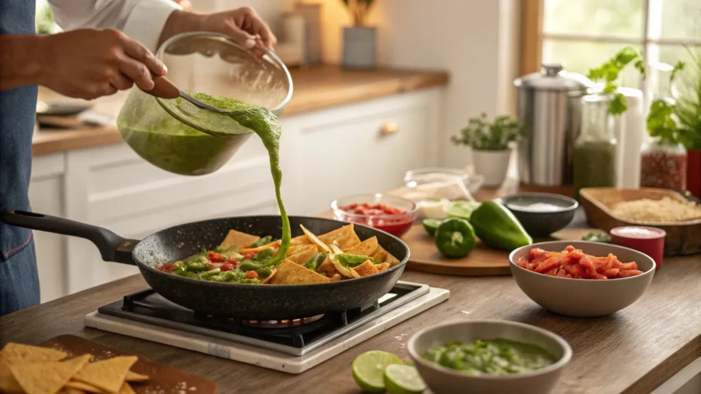  A home cook in a warm, well-lit kitchen pouring sizzling green salsa verde over crispy tortilla chips in a skillet, with steam rising and vibrant ingredients visible around, capturing the making of the best chilaquiles near me.