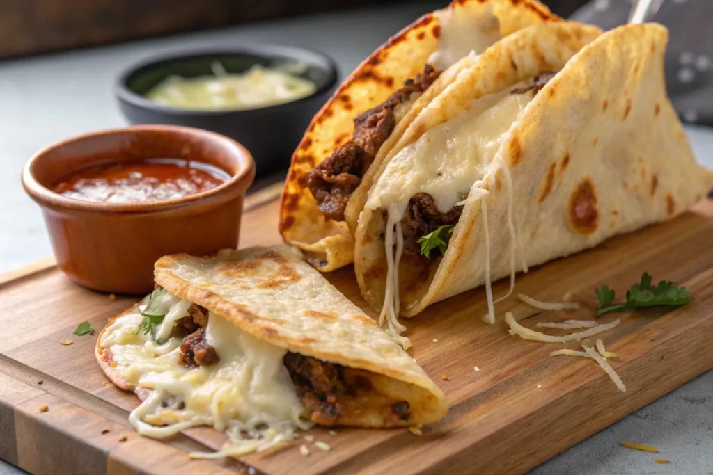 Quesabirria Taco being pulled apart, showing gooey melted cheese inside.