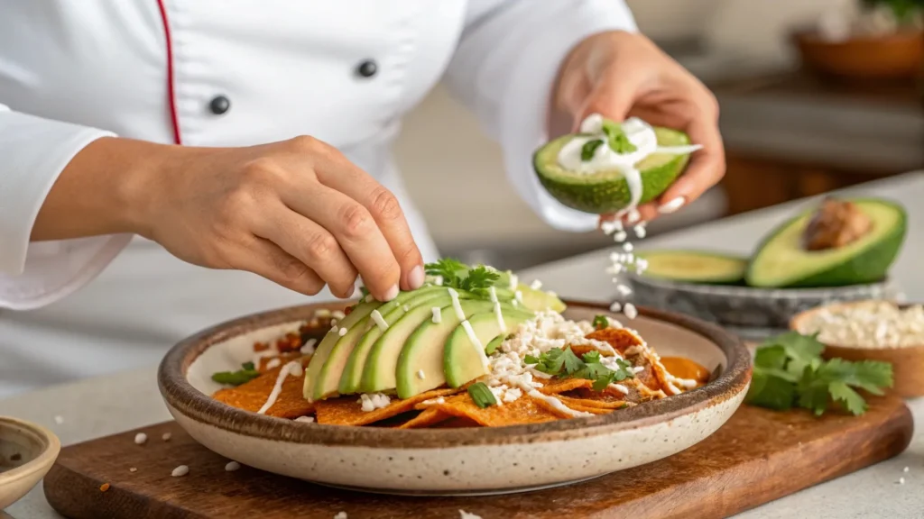 Close-up of a female chef’s hands meticulously arranging avocado slices, drizzling crema, and sprinkling queso fresco on a plate of chilaquiles, with a softly blurred background, showcasing the best chilaquiles near me.