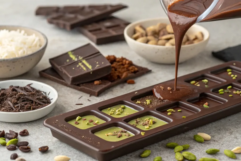 A Dubai Chocolate Bar Recipe with pistachios arranged in creamy chocolate molds, surrounded by cocoa nibs, cardamom, and coconut.