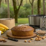 Round banana bread loaf on a wooden table with bananas, flour, eggs, nuts, and a mixer, set against a lush green outdoor backdrop.