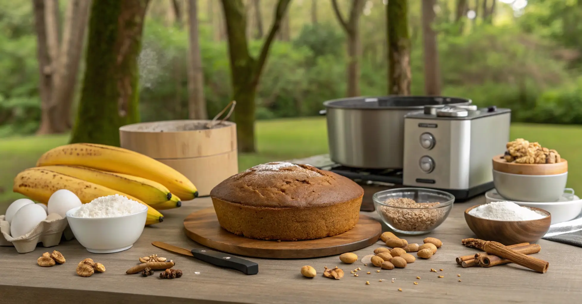 Round banana bread loaf on a wooden table with bananas, flour, eggs, nuts, and a mixer, set against a lush green outdoor backdrop.