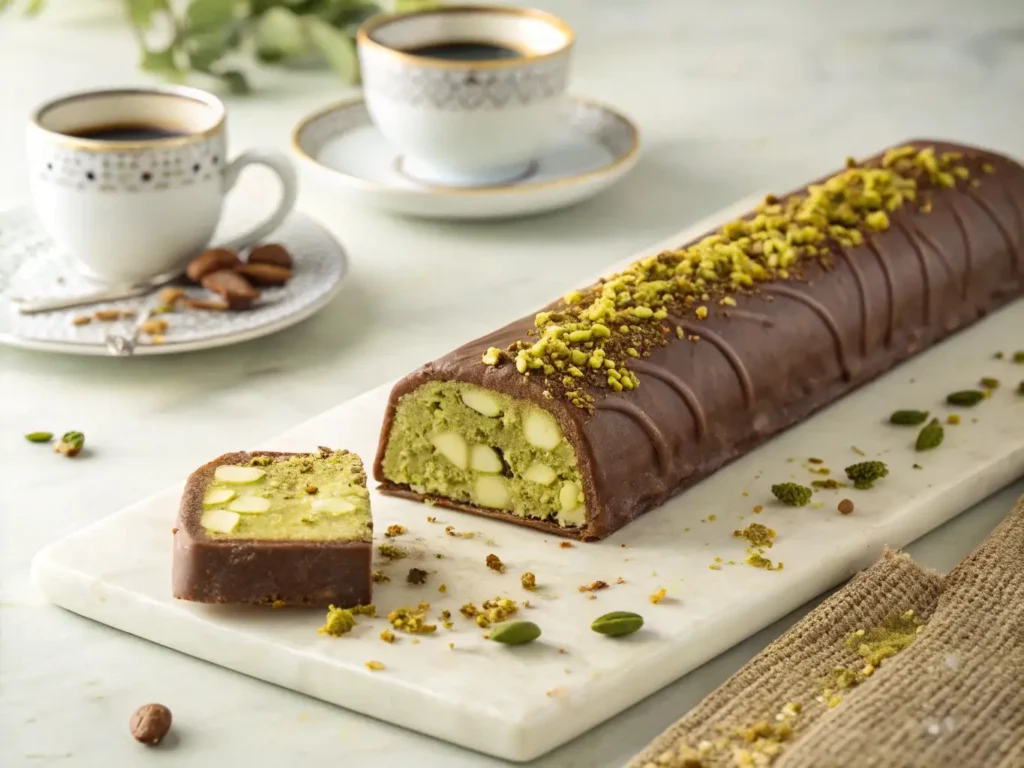 A Dubai chocolate bar recipe featuring a rich chocolate shell with creamy pistachio filling and chopped nuts, placed on a marble board next to two cups of Arabic coffee.