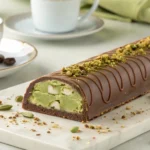 A Dubai chocolate bar recipe featuring a chocolate shell with creamy pistachio filling, topped with crushed pistachios and chocolate drizzle, placed on a marble board with a cup of Arabic coffee.