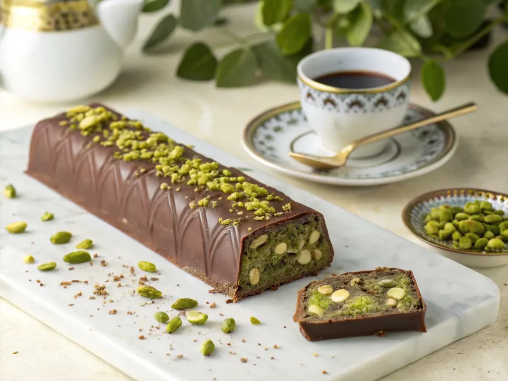 A Dubai chocolate bar recipe featuring a chocolate shell filled with pistachio cream and nuts, topped with crushed pistachios, placed on a marble board with Arabic coffee.