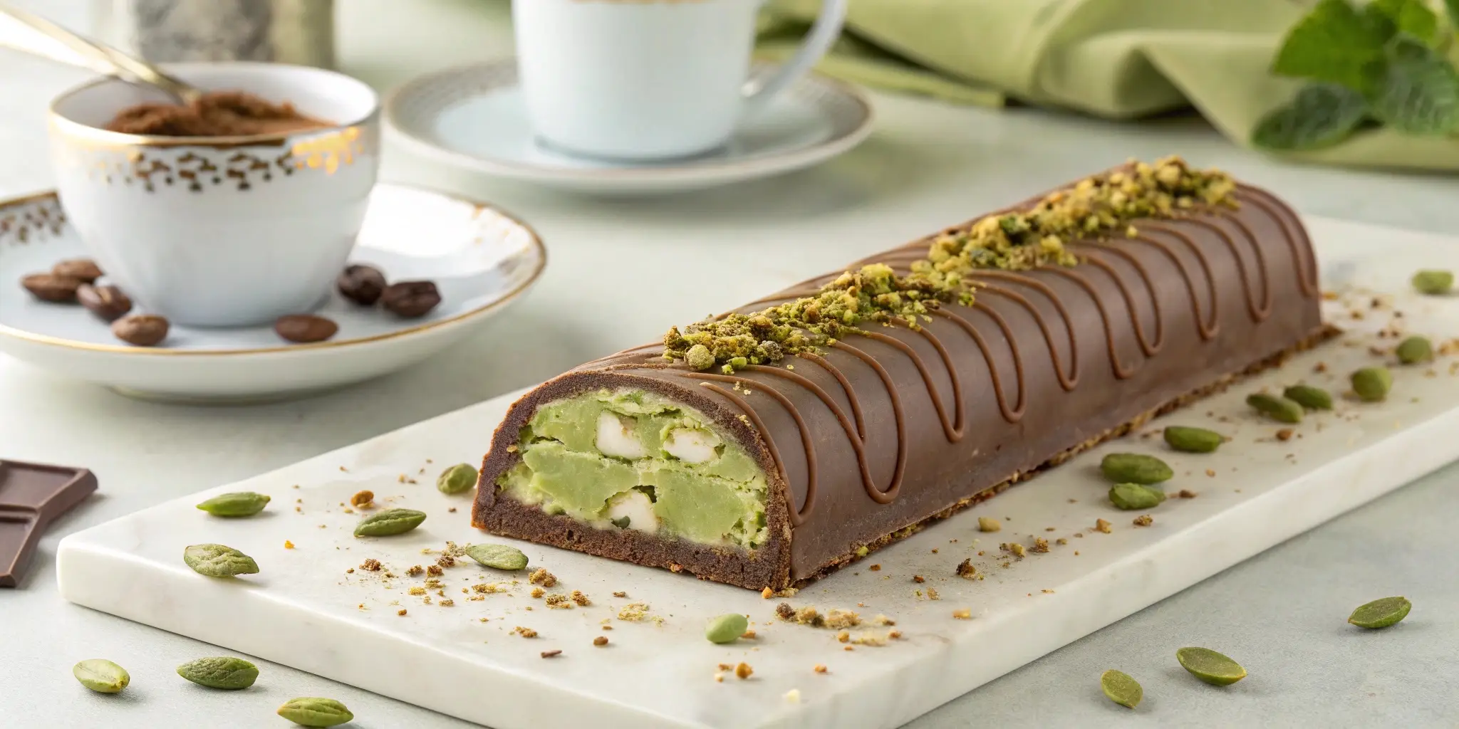 A Dubai chocolate bar recipe featuring a chocolate shell with creamy pistachio filling, topped with crushed pistachios and chocolate drizzle, placed on a marble board with a cup of Arabic coffee.