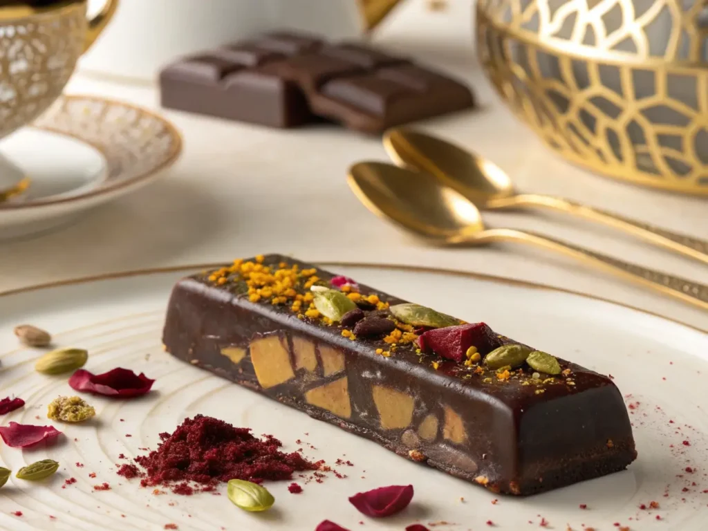 A decadent chocolate bar recipe from Dubai, featuring layers of chocolate, nuts, and dried fruit with cardamom and saffron notes.