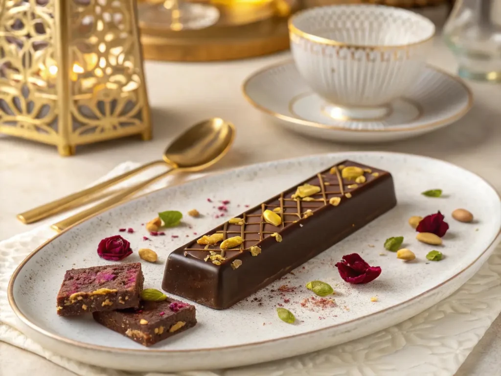 A Dubai chocolate recipe bar topped with pistachios and edible rose petals, served on a luxury white plate with golden accents.