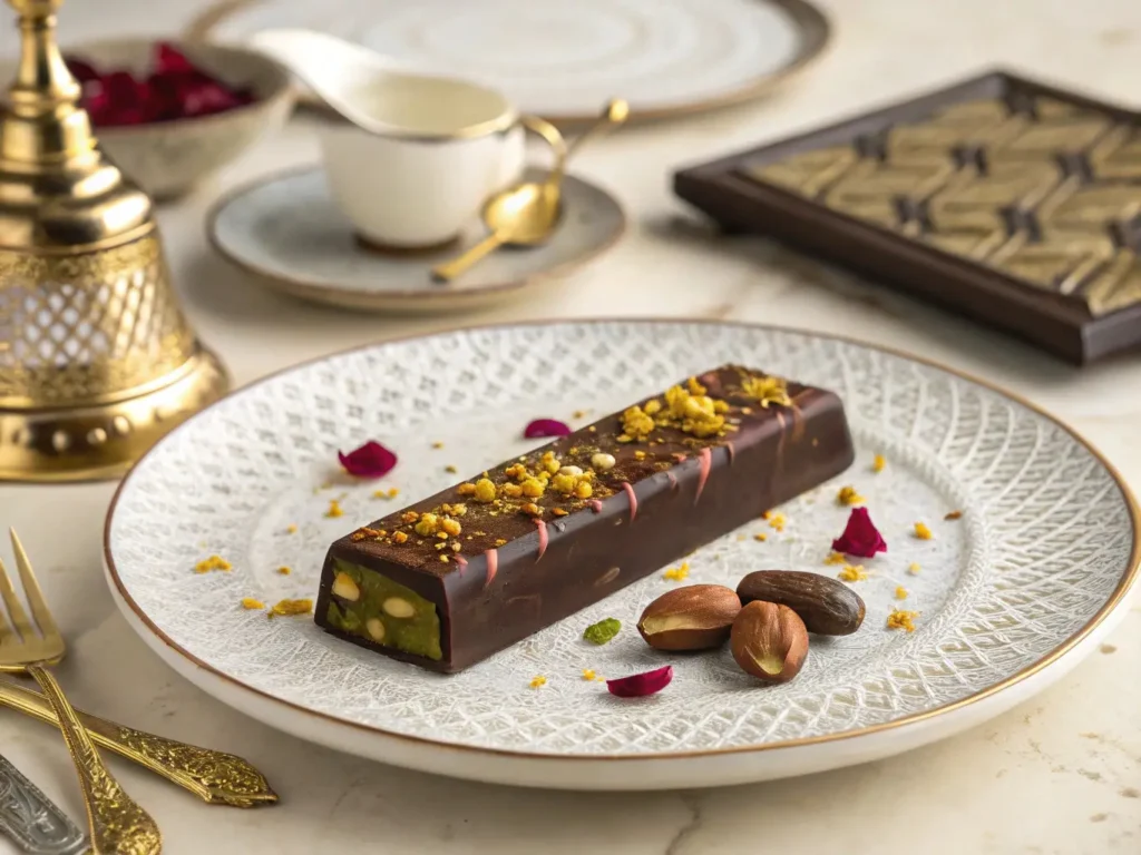 A luxurious chocolate dessert bar with visible pistachio and almond filling, elegantly garnished with gold flakes and surrounded by festive decor.