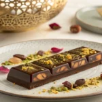 A luxurious Dubai chocolate recipe bar with pistachio, gold flakes, and rose petals on a patterned plate with golden cutlery.