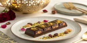 A luxurious Dubai chocolate recipe bar with pistachio, gold flakes, and rose petals on a patterned plate with golden cutlery.