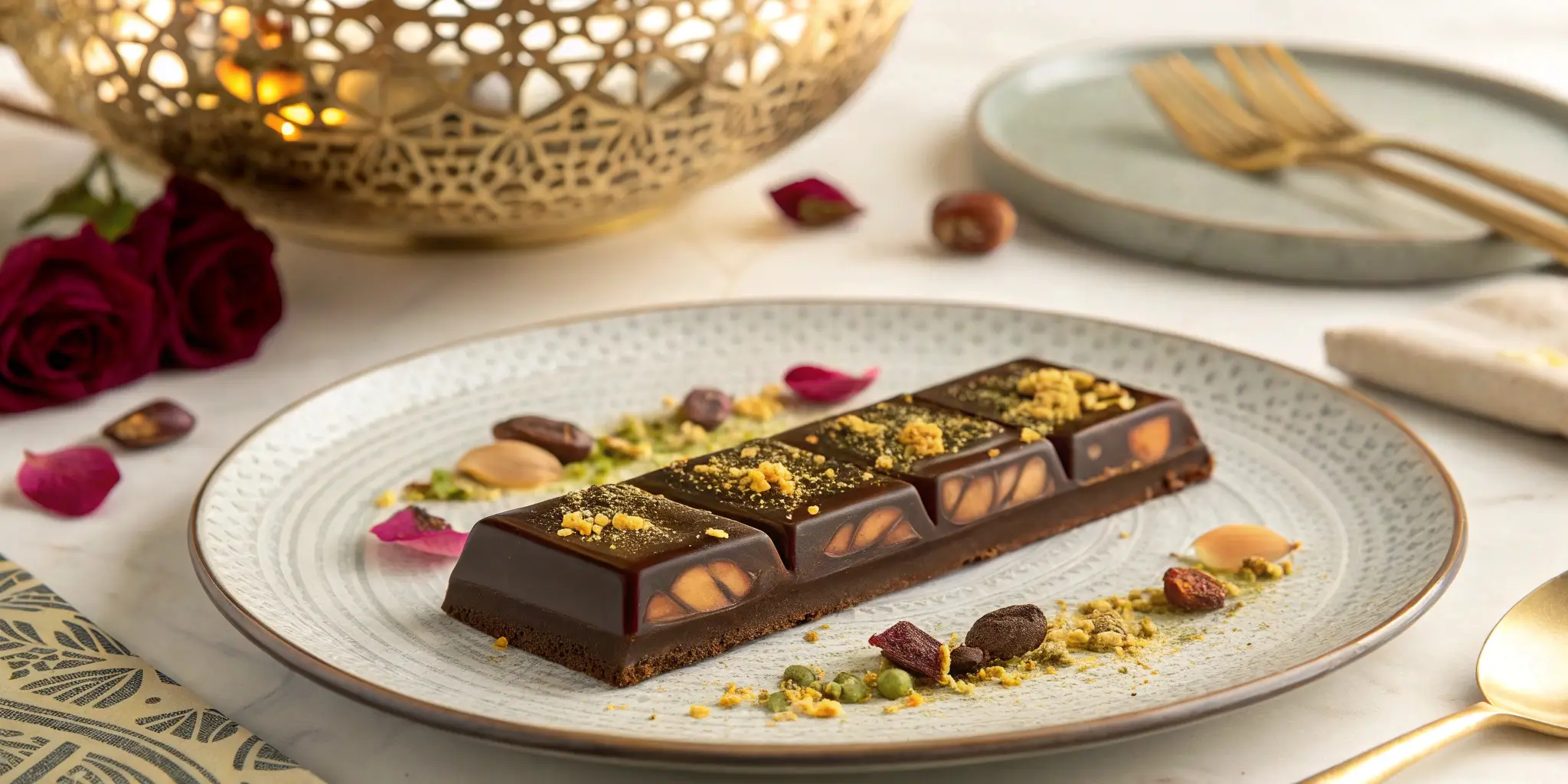 A luxurious Dubai chocolate recipe bar with pistachio, gold flakes, and rose petals on a patterned plate with golden cutlery.