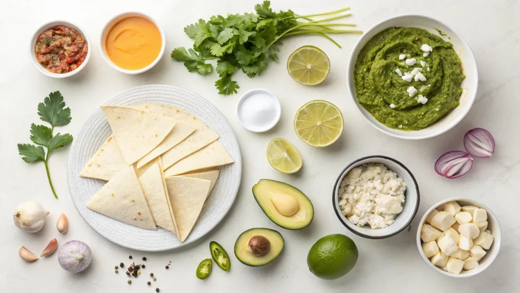 A flat lay of all essential ingredients for chilaquiles, including corn tortillas, green salsa verde, crema, queso fresco, avocados, cilantro, lime wedges, onions, jalapeños, eggs, and colorful spices, arranged on a white kitchen countertop, perfect for making the best chilaquiles near me.