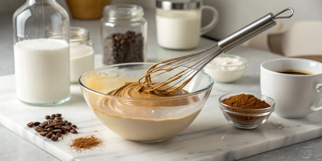 Glass bowl with partially whipped, glossy Dalgona coffee foam and a whisk resting on the rim, surrounded by coffee-making ingredients.