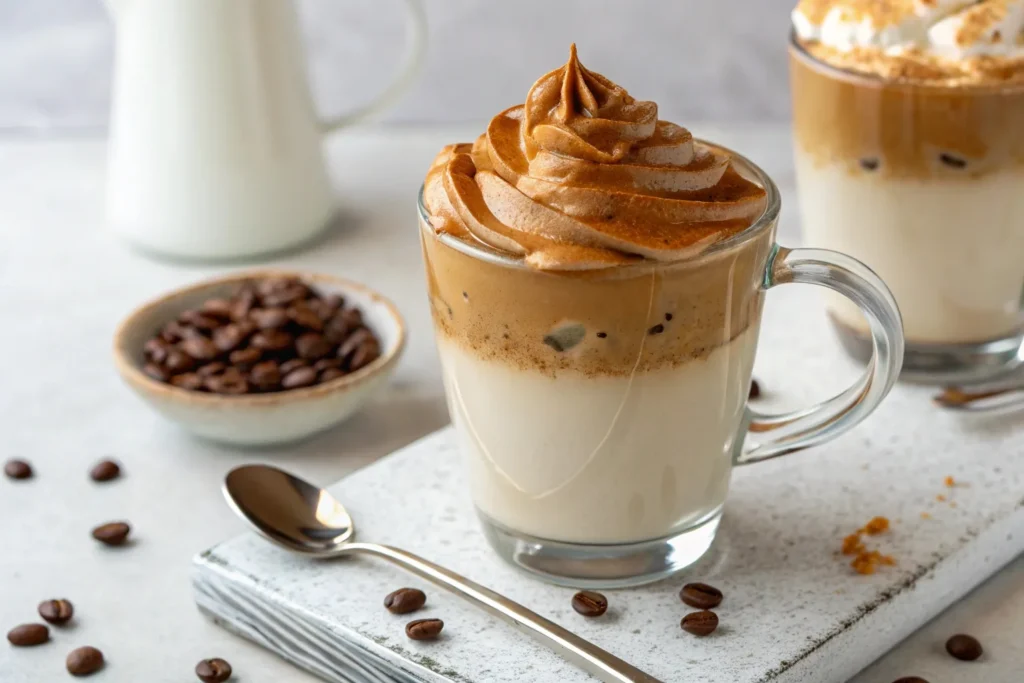 A clear glass mug of Dalgona coffee with a thick whipped coffee layer on top of hot milk, surrounded by coffee beans.