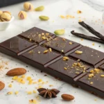 A Dubai Chocolate Bar Recipe featuring dark chocolate with golden pistachios, surrounded by cocoa powder, vanilla pods, and honey on a marble surface.