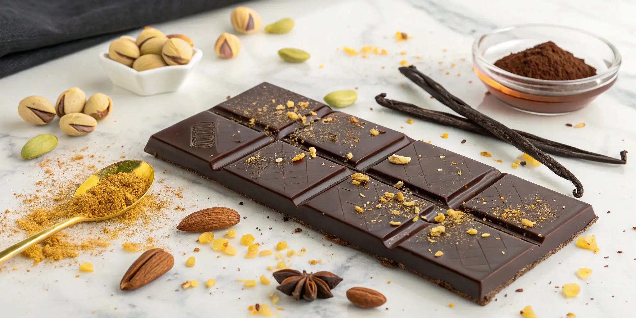 A Dubai Chocolate Bar Recipe featuring dark chocolate with golden pistachios, surrounded by cocoa powder, vanilla pods, and honey on a marble surface.