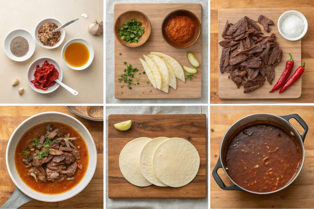 A six-step visual guide showing the process of making Birria Tacos, from preparing ingredients to serving crispy, golden tacos with consommé.