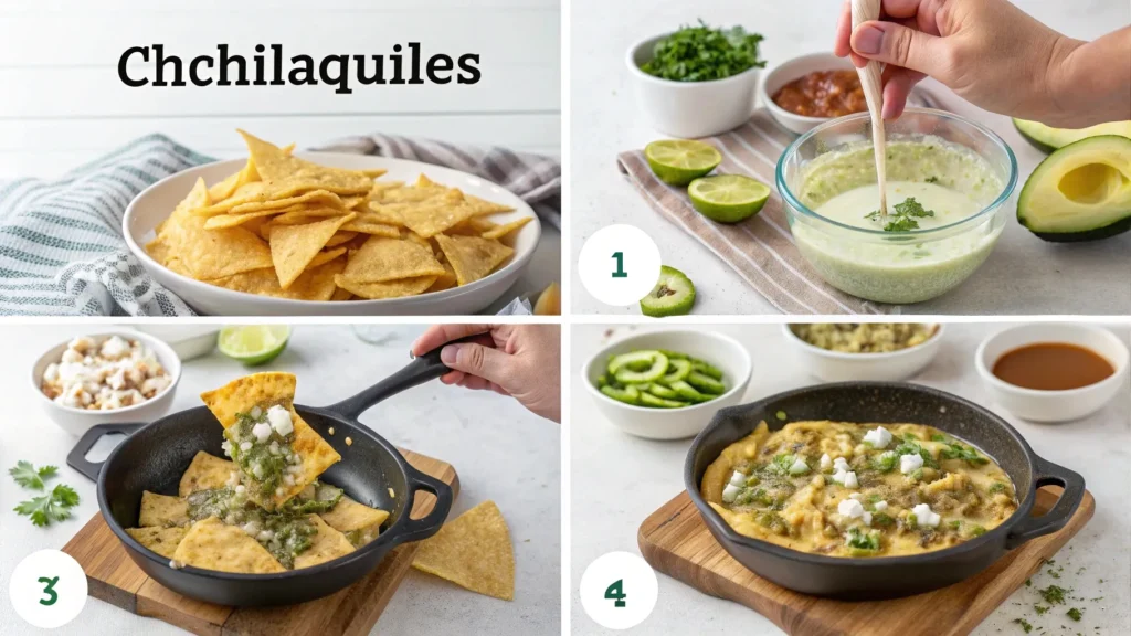 A four-panel collage illustrating the steps to prepare chilaquiles: frying tortilla chips, pouring salsa verde, stirring to coat, and topping with crema, queso fresco, avocado, and a poached egg, each step clearly labeled to make the best chilaquiles near me.