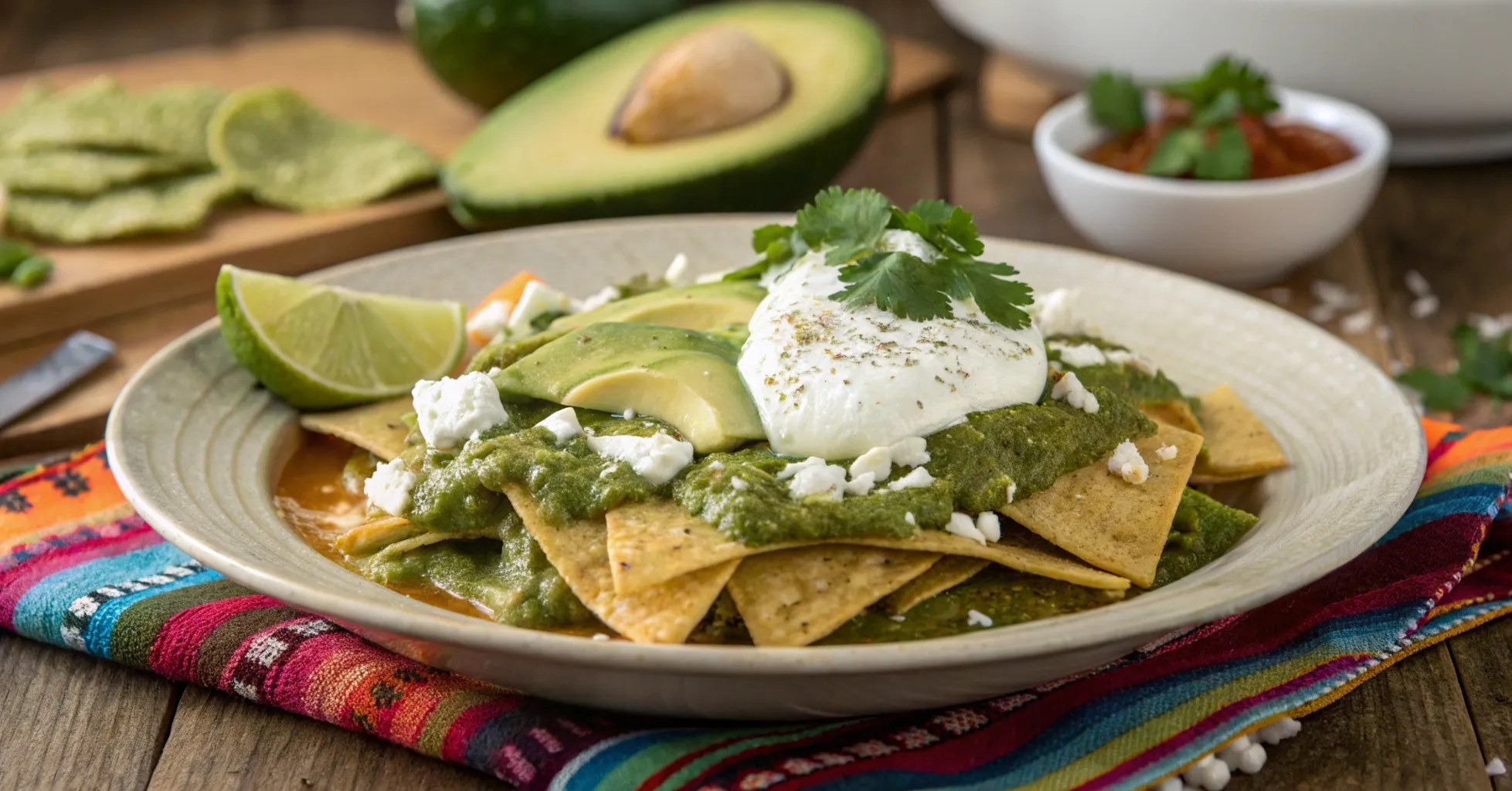 A beautifully plated plate of chilaquiles with crispy tortilla chips covered in green salsa verde, topped with crema, queso fresco, avocado slices, and a poached egg, garnished with cilantro and a lime wedge, showcasing the best chilaquiles near me.