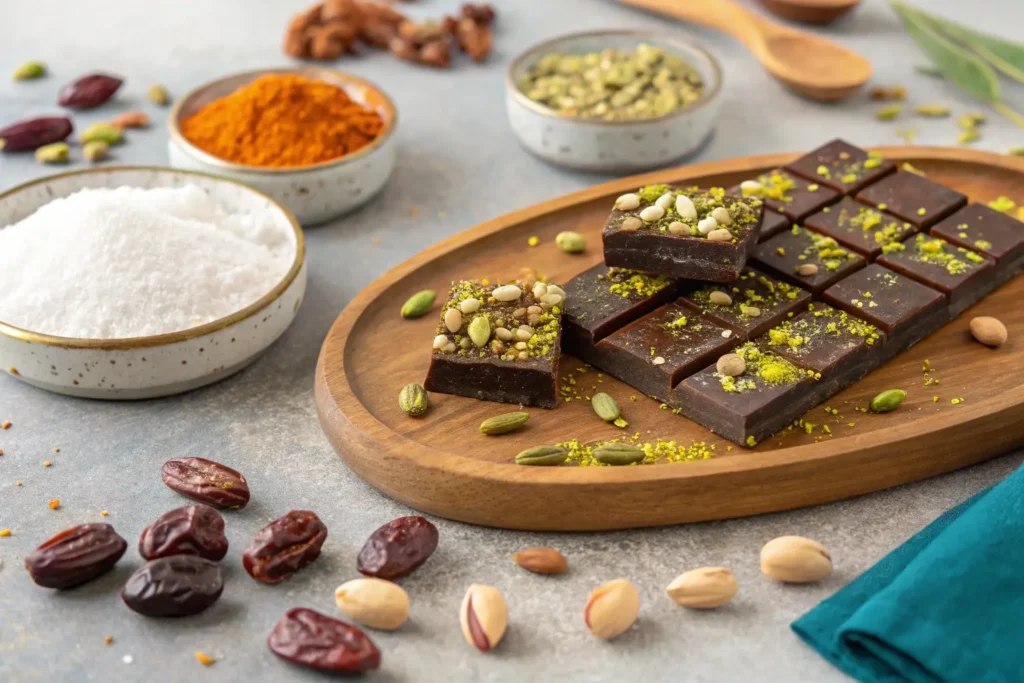 A Dubai Chocolate Bar Recipe on a granite countertop with bars studded with pistachios, surrounded by cacao beans, honeycomb, and gold flakes.