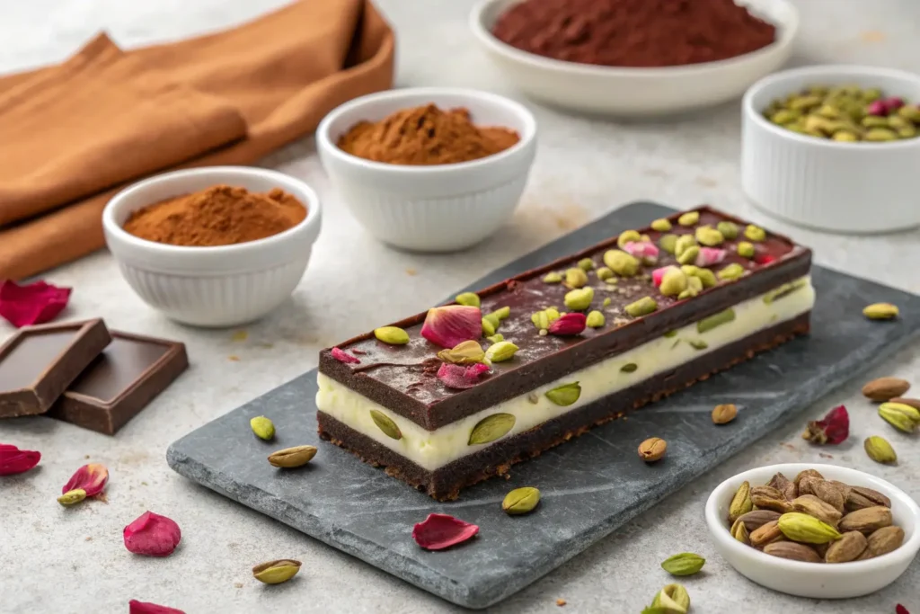 A Dubai Chocolate Bar Recipe featuring handmade chocolate bars with pistachios, surrounded by dates, saffron, and sea salt on a wooden platter.