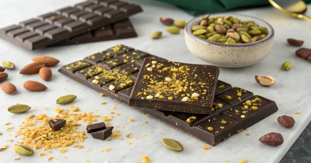 A Dubai Chocolate Bar Recipe featuring dark chocolate bars topped with crushed pistachios and almonds, surrounded by pistachios, almonds, cardamom, and chocolate pieces on a marble surface.