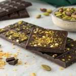 A Dubai Chocolate Bar Recipe featuring dark chocolate bars topped with crushed pistachios and almonds, surrounded by pistachios, almonds, cardamom, and chocolate pieces on a marble surface.