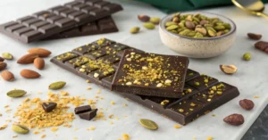 A Dubai Chocolate Bar Recipe featuring dark chocolate bars topped with crushed pistachios and almonds, surrounded by pistachios, almonds, cardamom, and chocolate pieces on a marble surface.