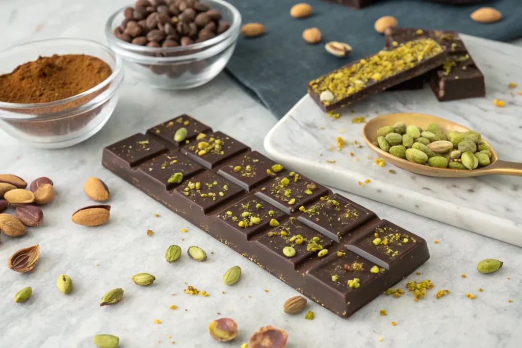 A Dubai Chocolate Bar Recipe with layers of dark and white chocolate, topped with pistachios, surrounded by rose petals, cocoa powder, and caramel.