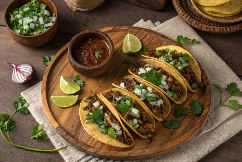 Overhead view of a platter of Birria Tacos with fresh toppings and consommé.