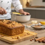 Banana bread loaf topped with mixed nuts, placed on a wooden board with bananas, cinnamon sticks, and baking ingredients in the background.