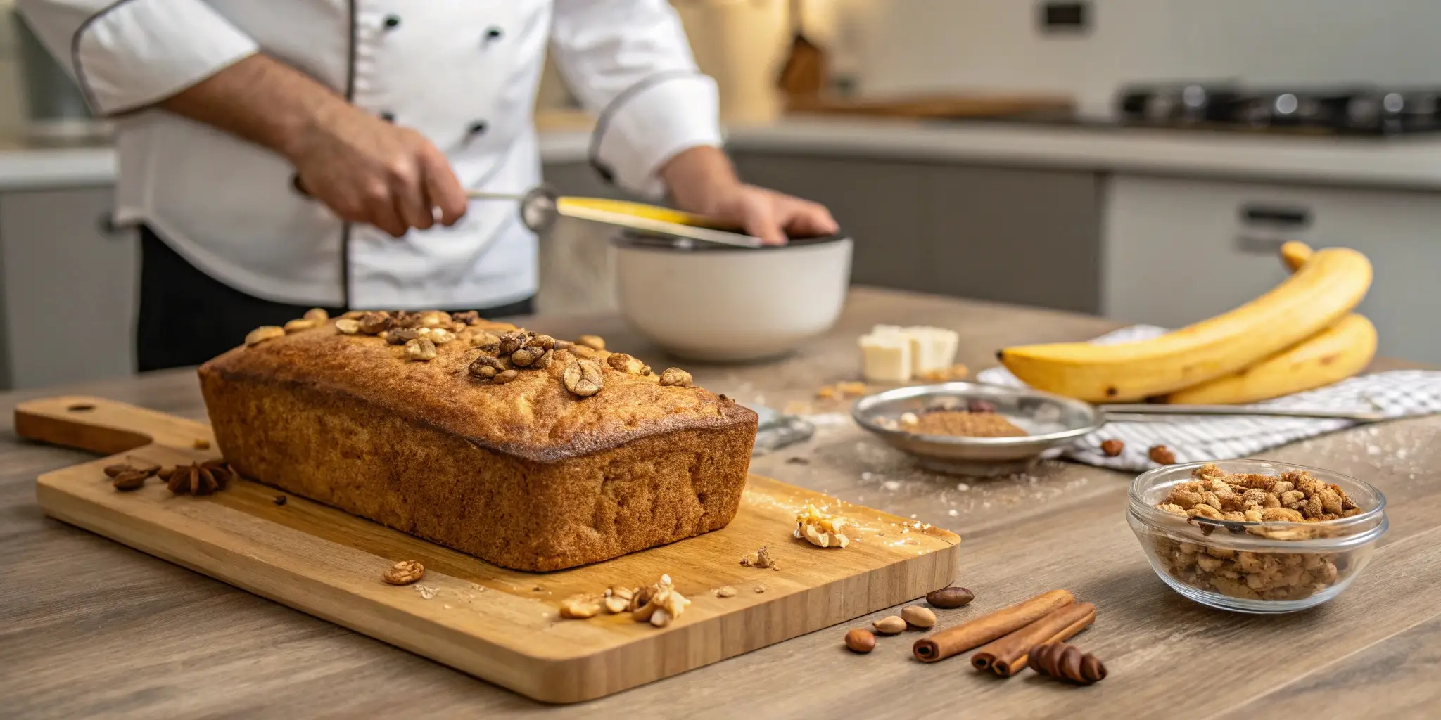 Banana bread loaf topped with mixed nuts, placed on a wooden board with bananas, cinnamon sticks, and baking ingredients in the background.