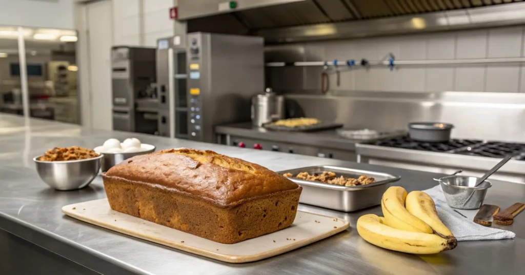 Freshly baked banana bread loaf on a kitchen counter with bananas, eggs, and baking supplies in a professional culinary space.