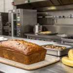 Freshly baked banana bread loaf on a kitchen counter with bananas, eggs, and baking supplies in a professional culinary space.