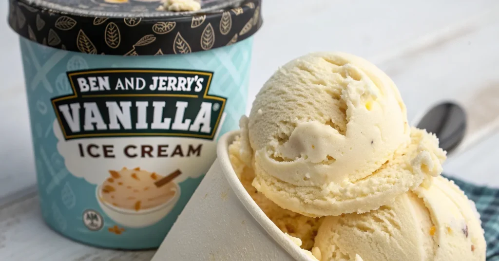 Scooped vanilla ice cream in a container beside a Ben & Jerry’s label, inspired by the Ben and Jerry’s Vanilla Ice Cream Recipe.