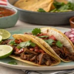 Crispy Birria Tacos being dipped into rich consommé, with steam rising.