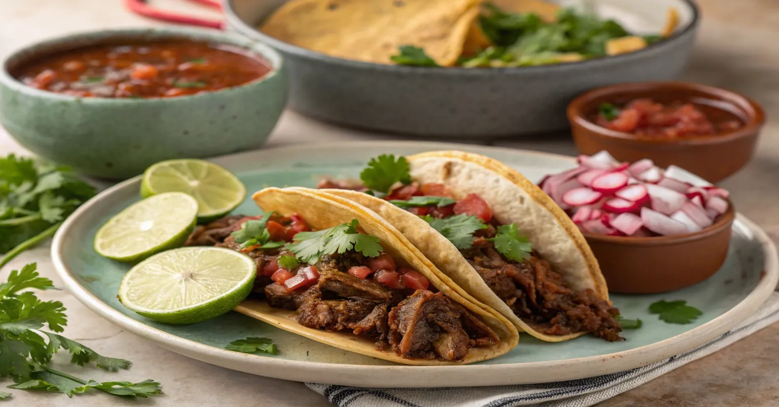 Crispy Birria Tacos being dipped into rich consommé, with steam rising.