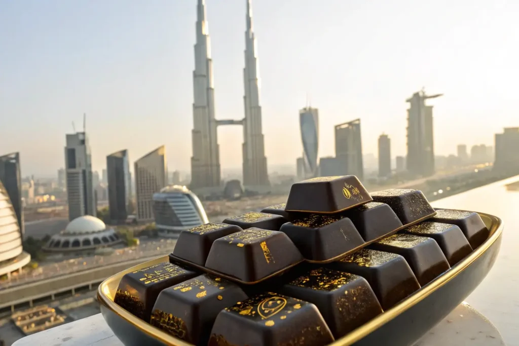 Golden gourmet Dubai chocolate Bar Recipe displayed with Dubai skyline in the background at sunrise.