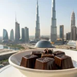 Elegant dark chocolates with intricate designs, overlooking the iconic Burj Khalifa and Dubai cityscape.