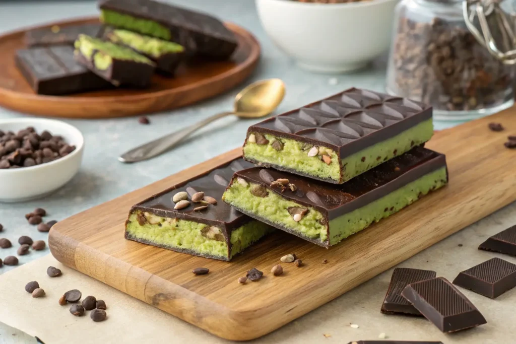 Gourmet matcha and dark dubai chocolate bar recipe adorned with seeds and chocolate chips on a rustic table."