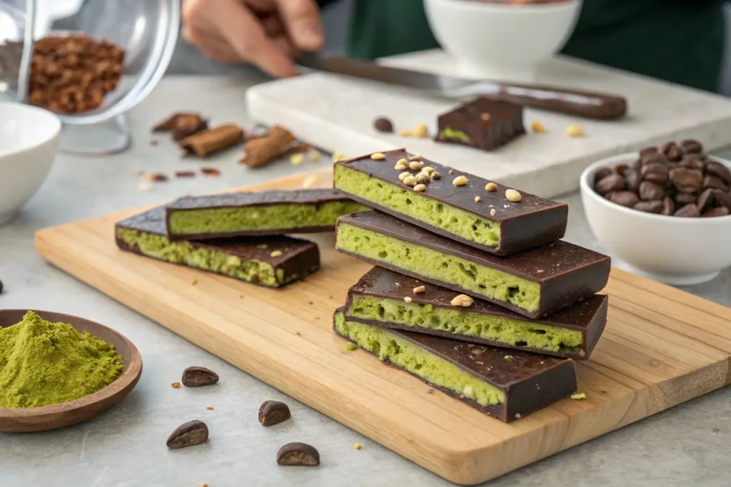 Matcha-filled dark Dubai chocolate Bar Recipe topped with nuts, crafted with precision, on a wooden serving board.