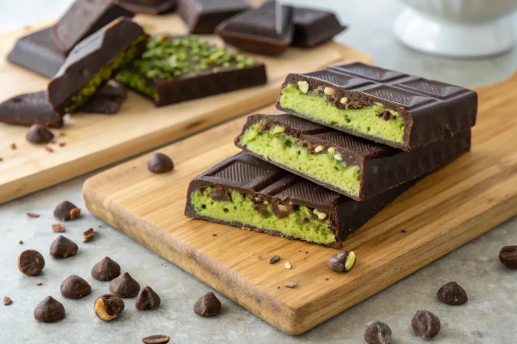 Handcrafted matcha and dubai chocolate bar recipe with a crunchy nut topping on a wooden board.