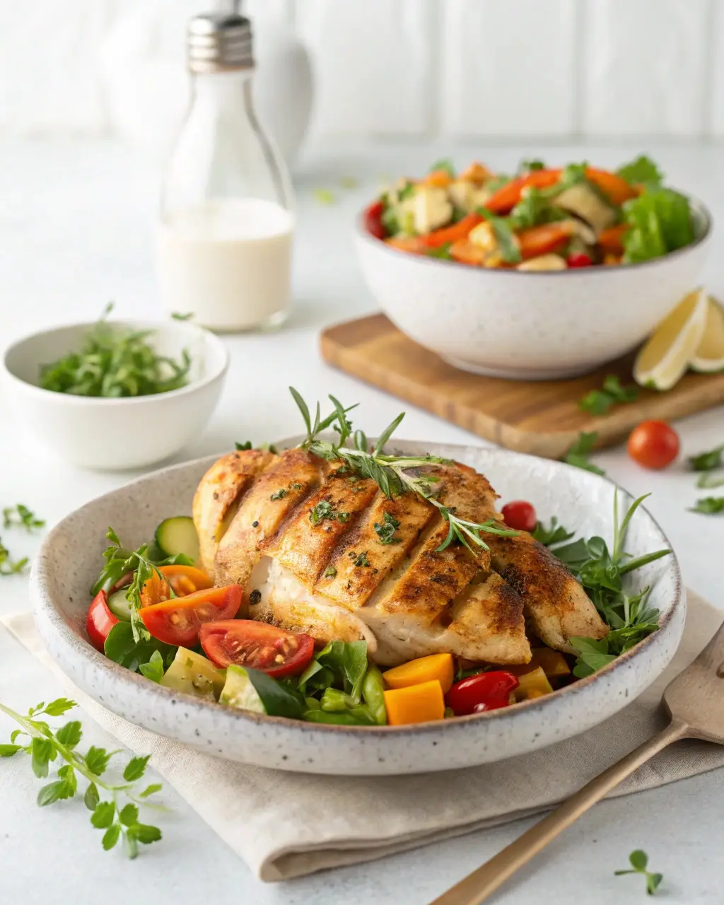 Grilled chicken breast served on a bed of fresh salad with cherry tomatoes, colorful vegetables, and herbs.