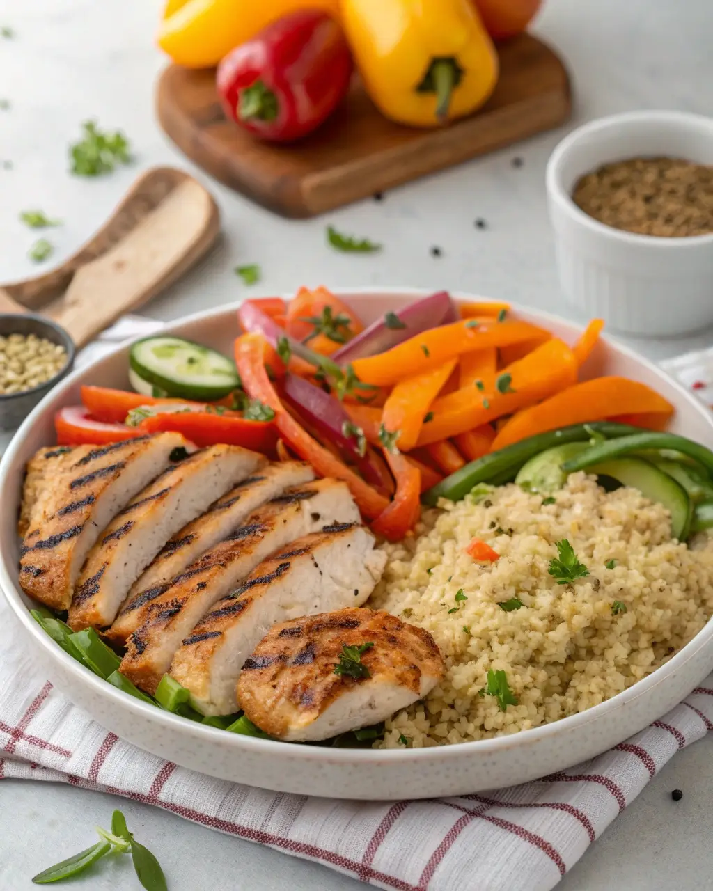 Grilled chicken with couscous, colorful roasted vegetables, and fresh herbs served in a bowl.